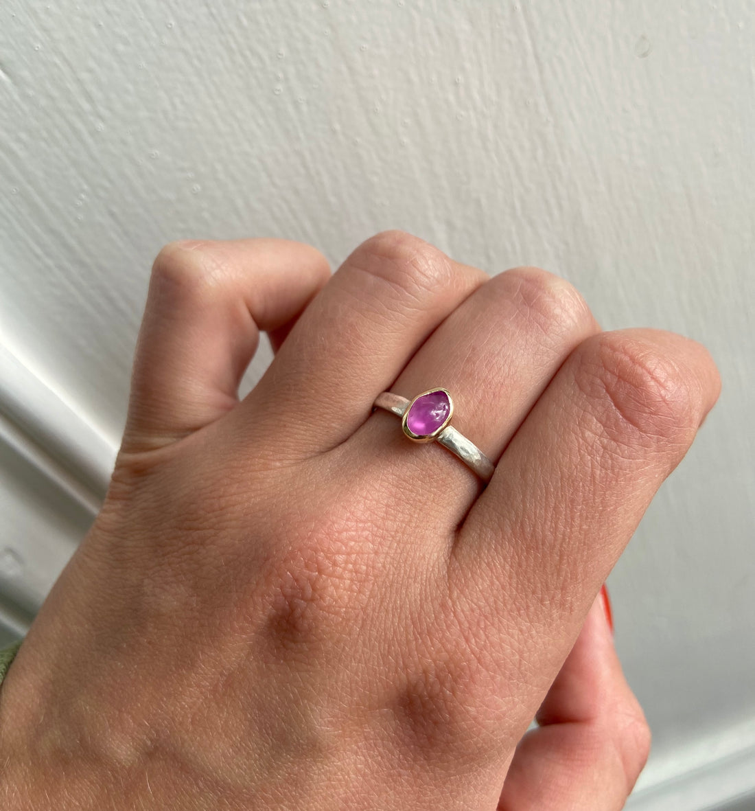 Raw Pink Sapphire and Mixed Metal Ring, Wedding Ring, Engagement Ring, September Birthstone Ring