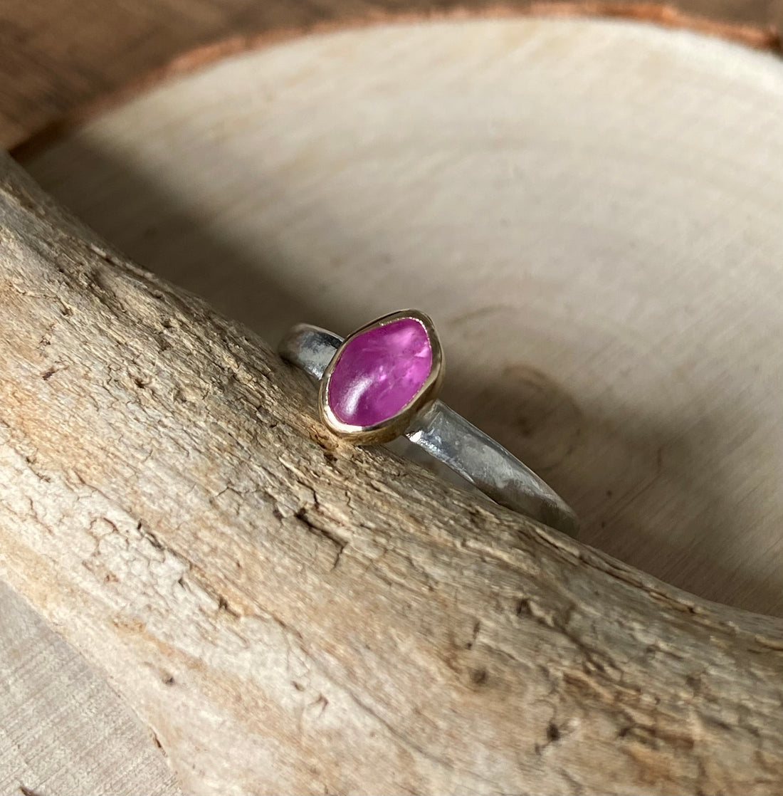 Raw Pink Sapphire and Mixed Metal Ring, Wedding Ring, Engagement Ring, September Birthstone Ring