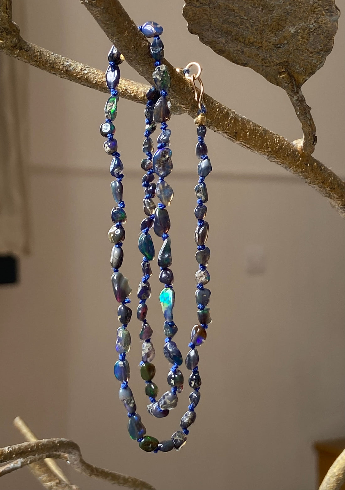 Raw Black Opal Silk Knotted Necklace, October Birthstone Necklace