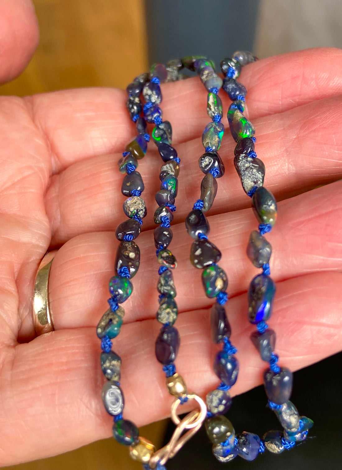 Raw Black Opal Silk Knotted Necklace, October Birthstone Necklace