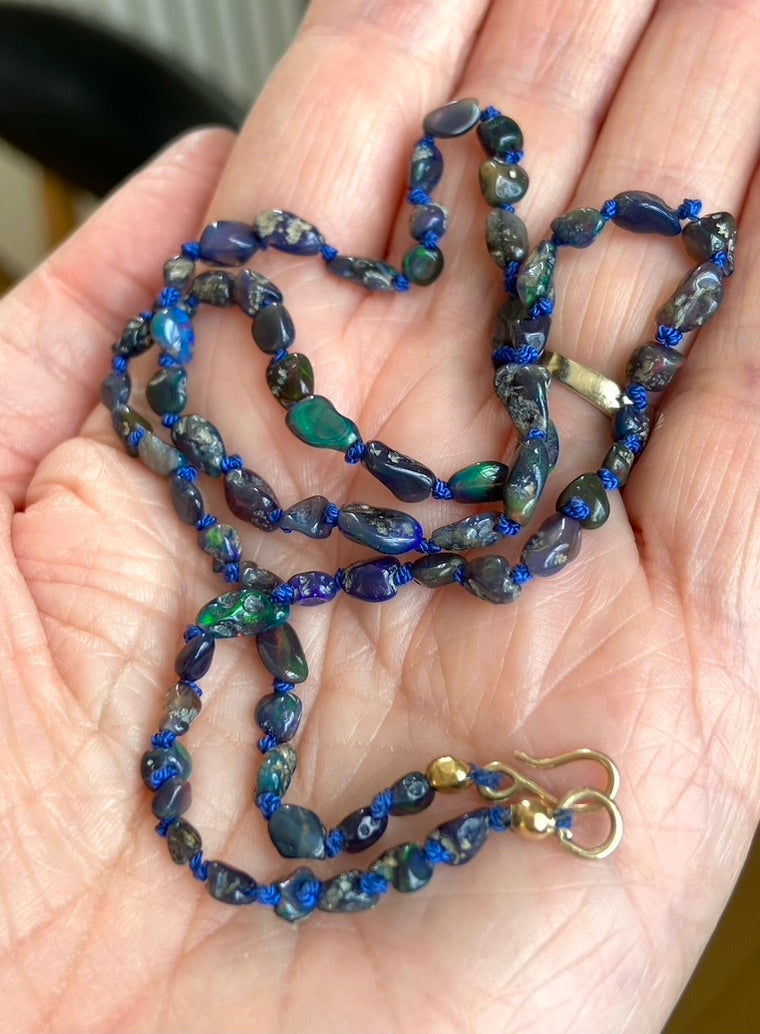Raw Black Opal Silk Knotted Necklace, October Birthstone Necklace