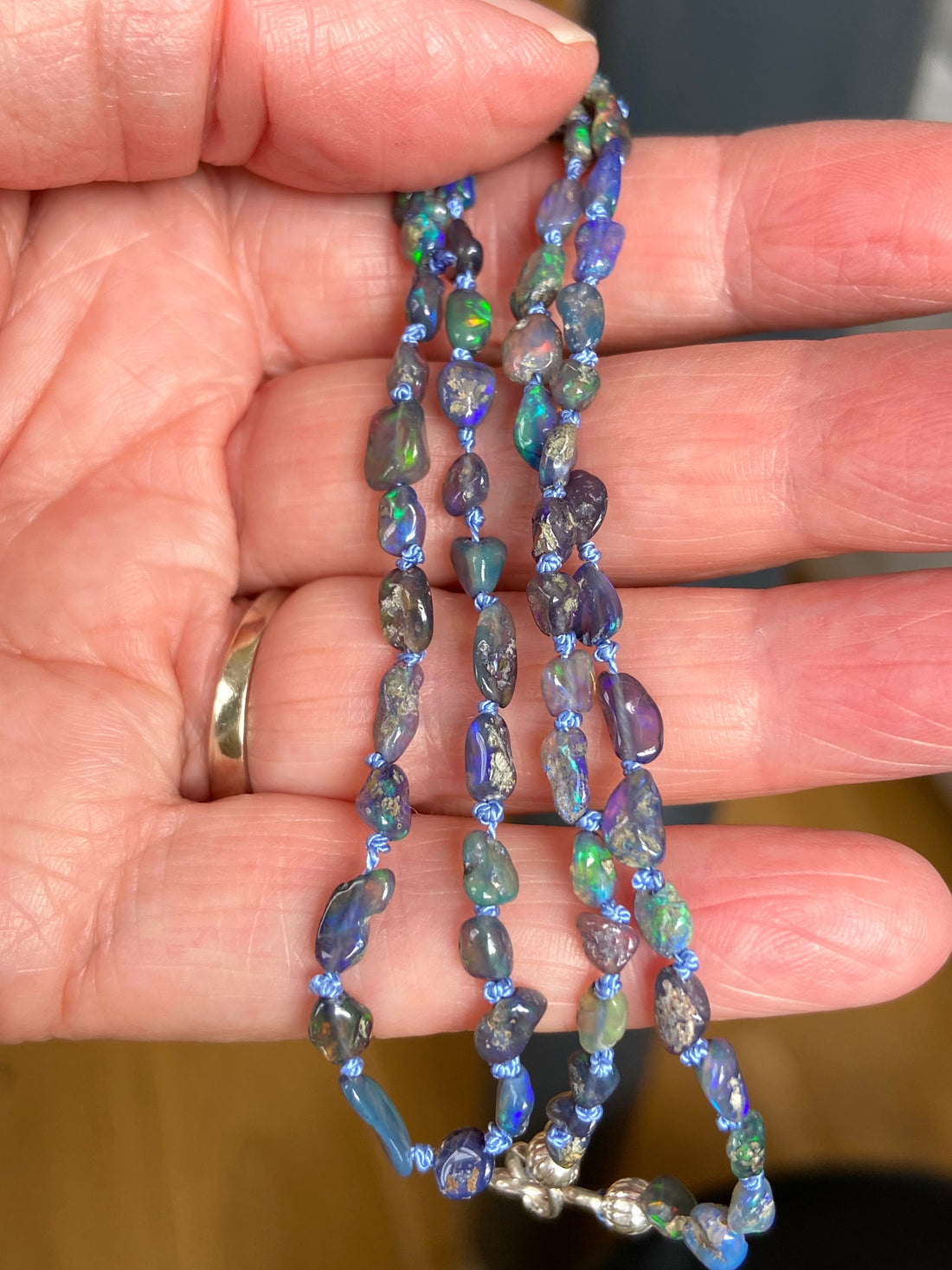 Raw Black Opal Silk Knotted Necklace, October Birthstone Necklace