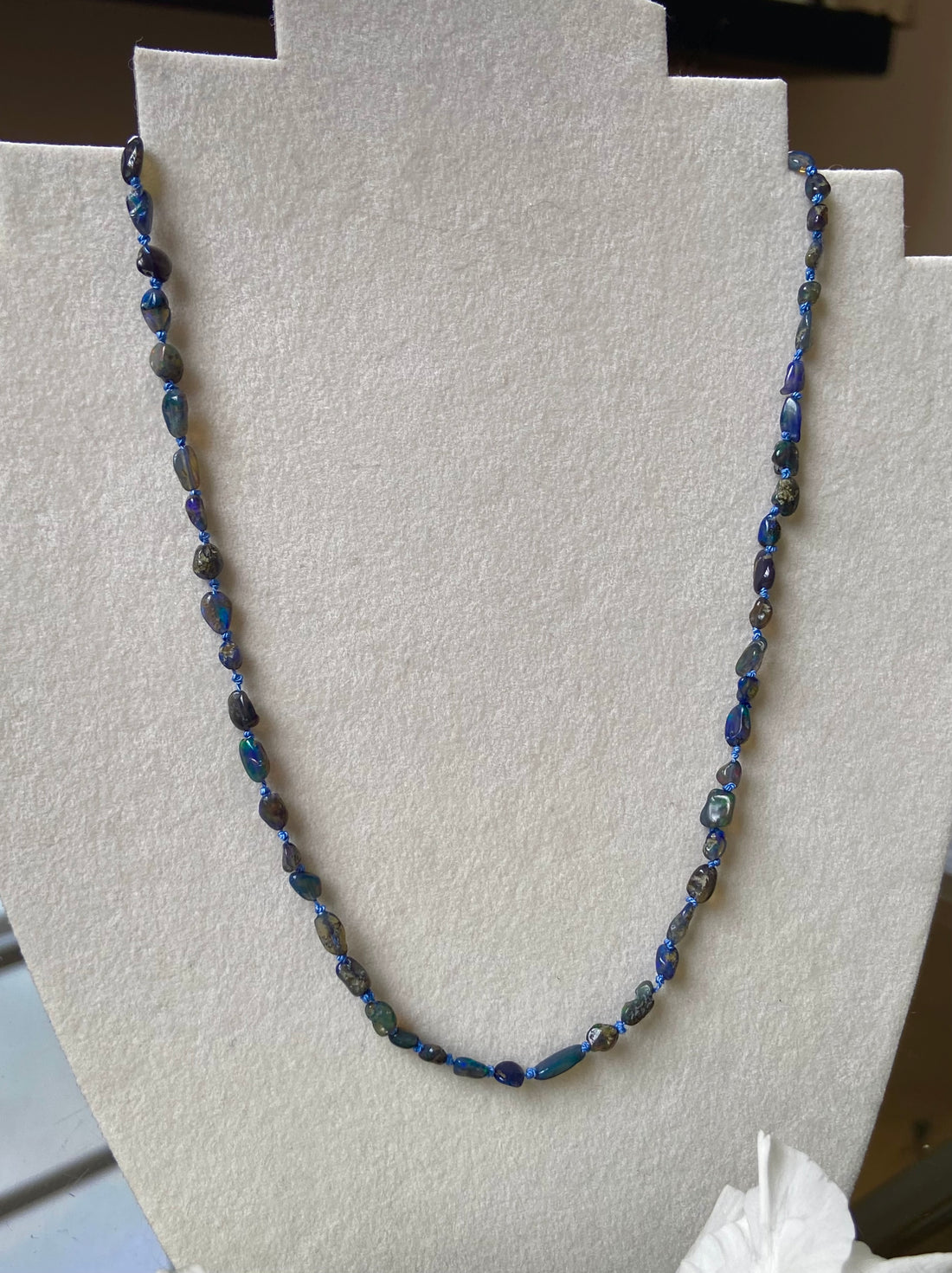 Raw Black Opal Silk Knotted Necklace, October Birthstone Necklace