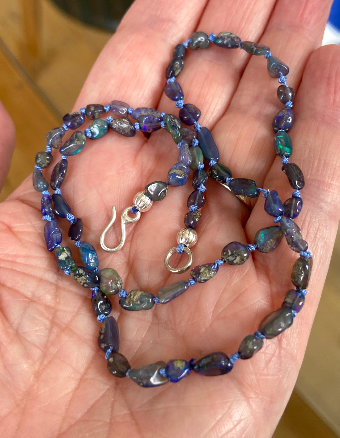 Raw Black Opal Silk Knotted Necklace, October Birthstone Necklace