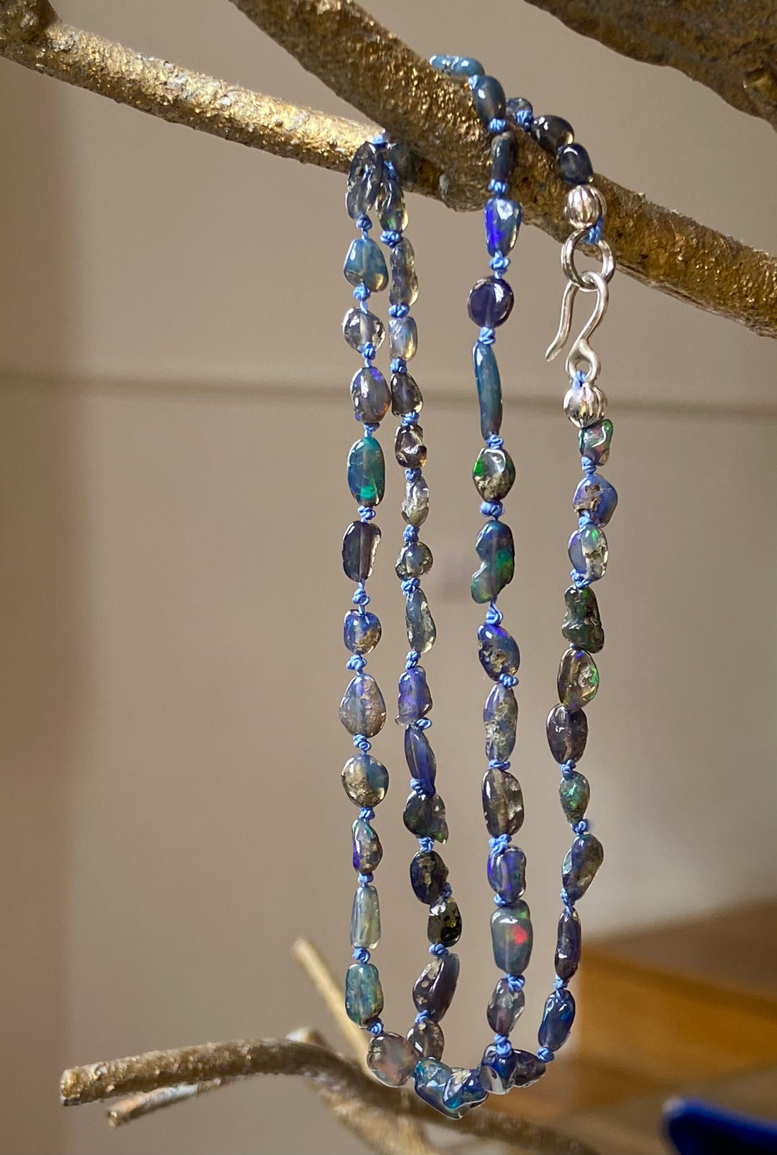 Raw Black Opal Silk Knotted Necklace, October Birthstone Necklace