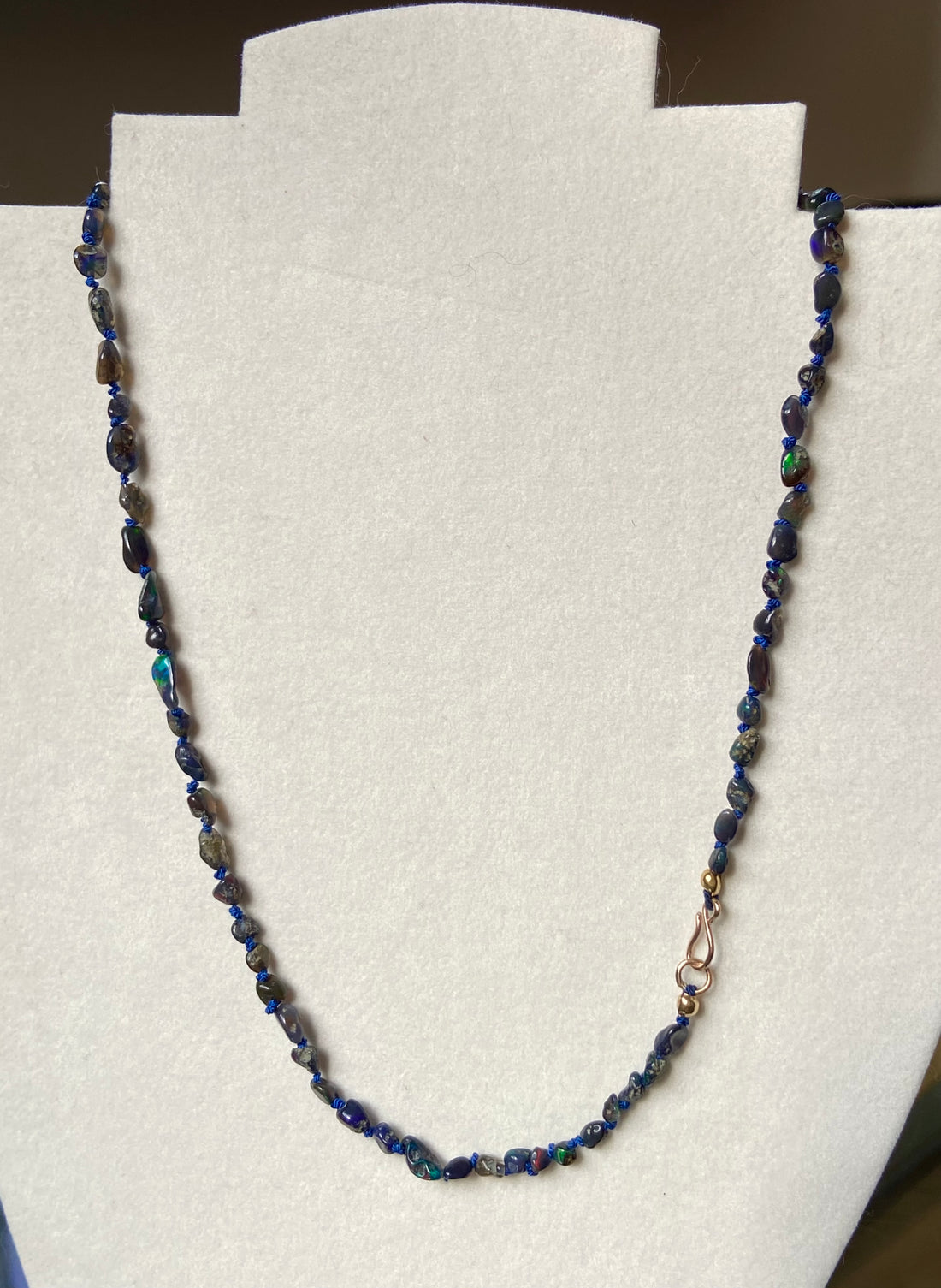 Raw Black Opal Silk Knotted Necklace, October Birthstone Necklace