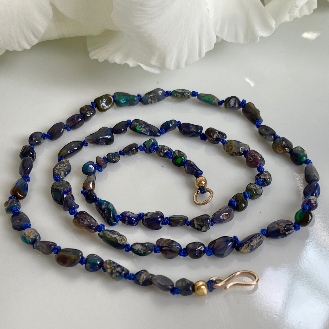 Raw Black Opal Silk Knotted Necklace, October Birthstone Necklace