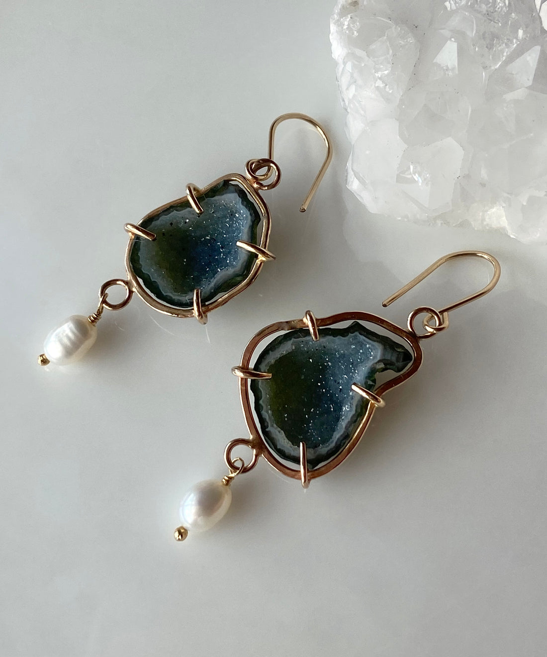 Natural Mexican Tabasco Geode and Pearl Earrings