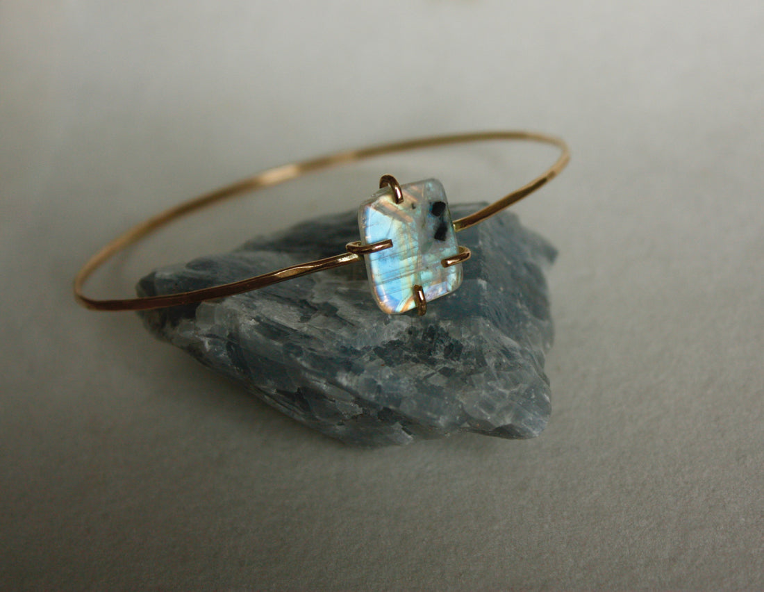 Moonstone Tourmaline Bangle Bracelet, October June Birthstone Bracelet