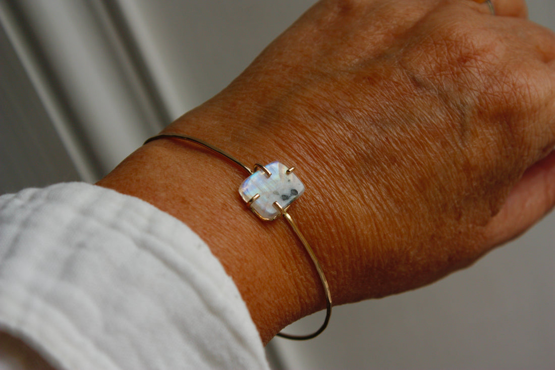 Moonstone Tourmaline Bangle Bracelet, October June Birthstone Bracelet
