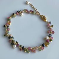 Mixed Natural Tourmaline and Freshwater Pearls Bracelet, October June Birthstone