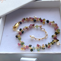 Mixed Natural Tourmaline and Freshwater Pearls Bracelet, October June Birthstone
