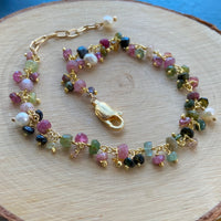Mixed Natural Tourmaline and Freshwater Pearls Bracelet, October June Birthstone