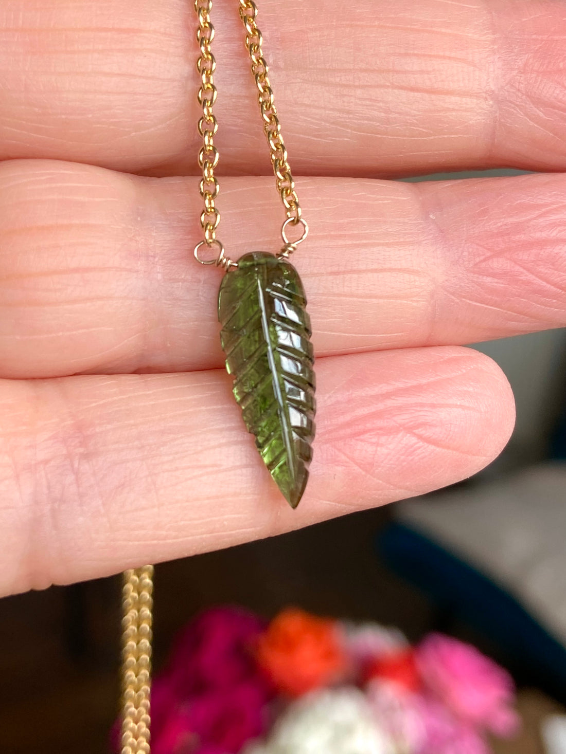 Carved Green Tourmaline Leaf Pendant Necklace