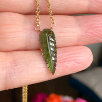 Carved Green Tourmaline Leaf Pendant Necklace