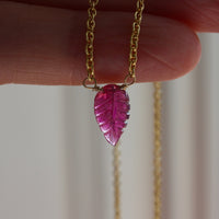 Carved Pink Rubellite Tourmaline Leaf Pendant Necklace