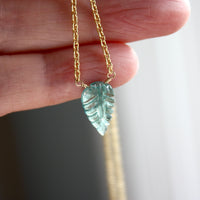 Carved Paraiba Tourmaline Leaf Pendant Necklace