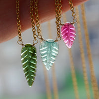 Carved Pink Rubellite Tourmaline Leaf Pendant Necklace