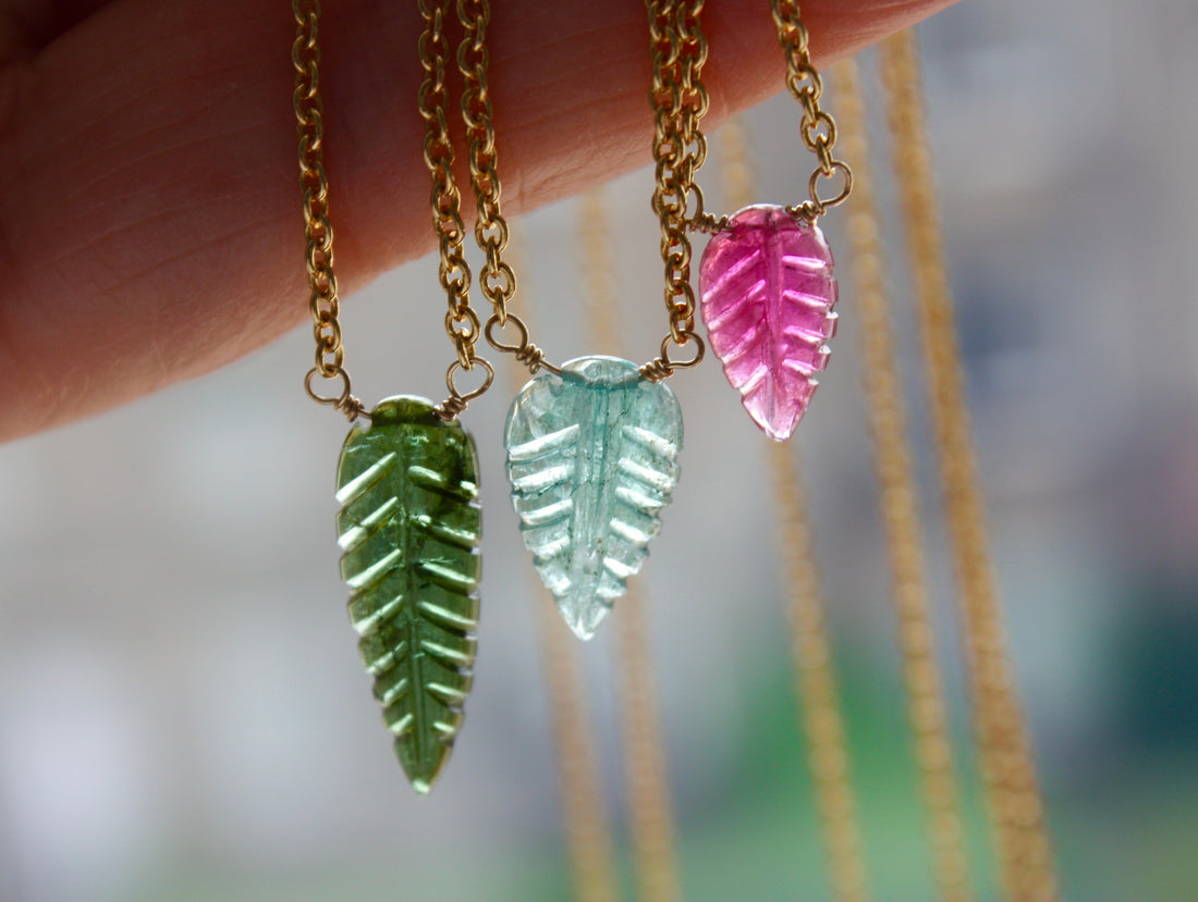 Carved Green Tourmaline Leaf Pendant Necklace