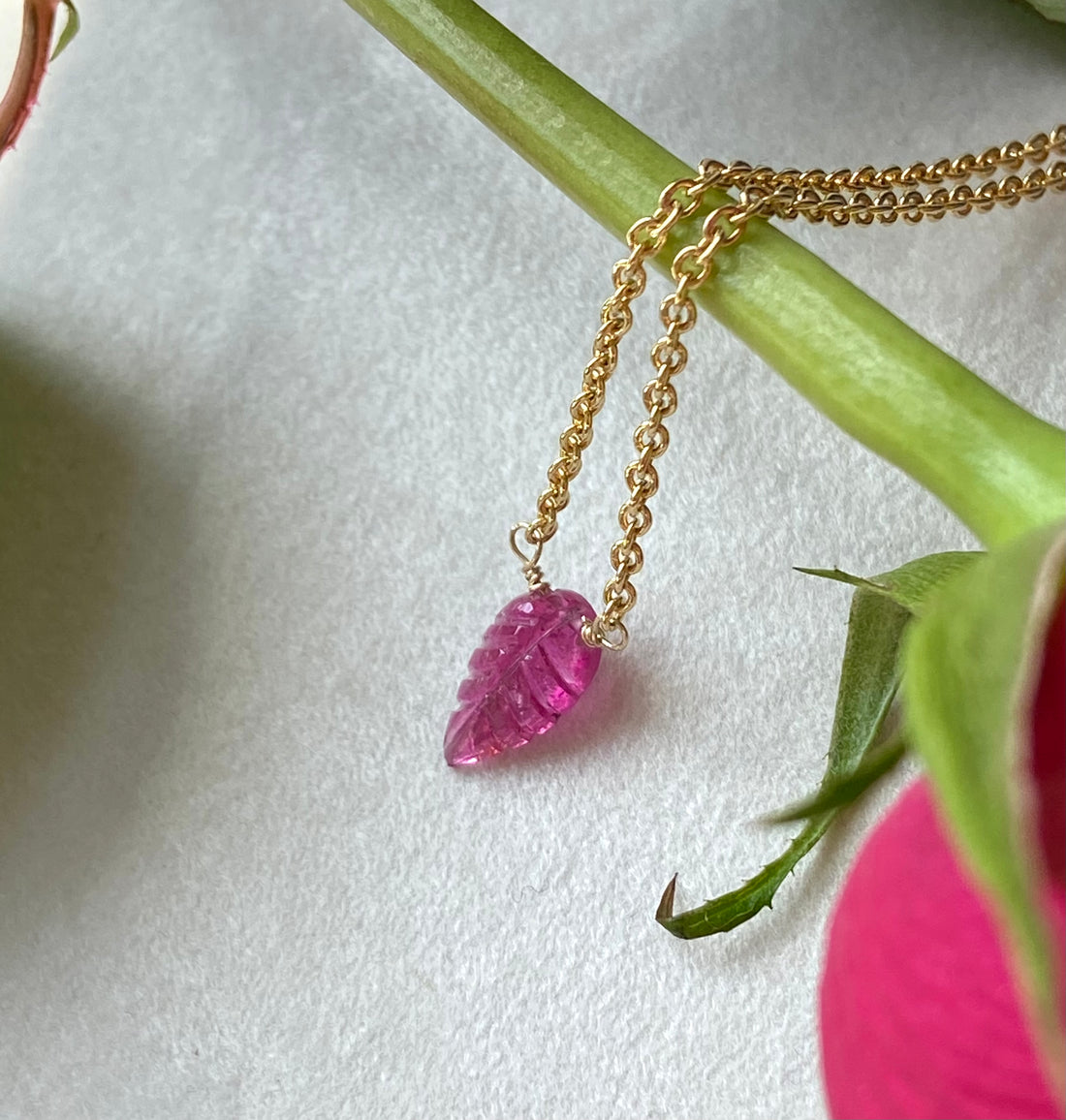 Carved Pink Rubellite Tourmaline Leaf Pendant Necklace