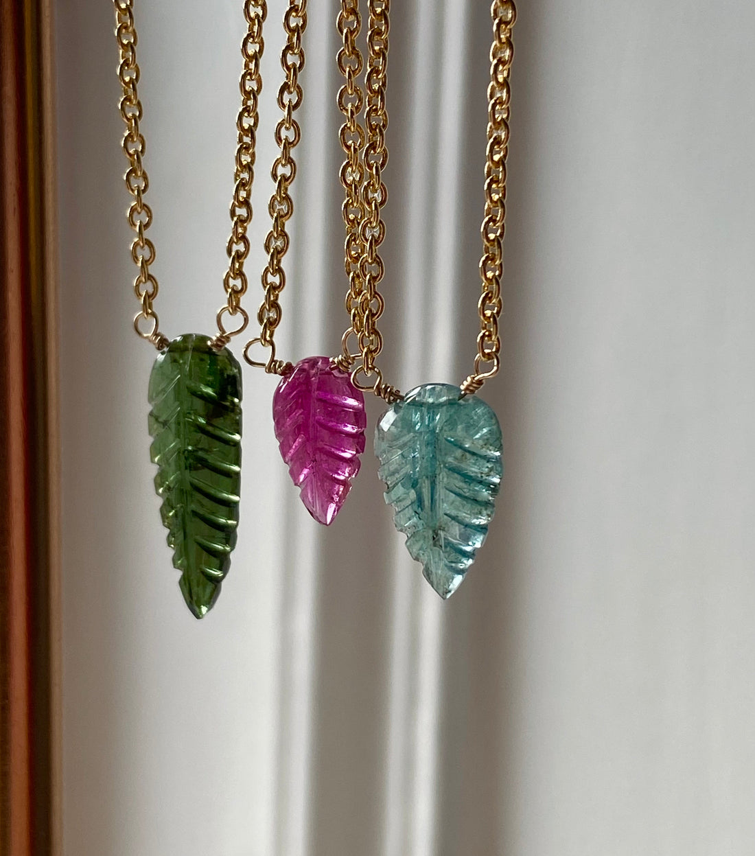 Carved Green Tourmaline Leaf Pendant Necklace