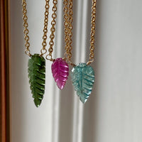 Carved Green Tourmaline Leaf Pendant Necklace