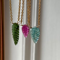 Carved Pink Rubellite Tourmaline Leaf Pendant Necklace