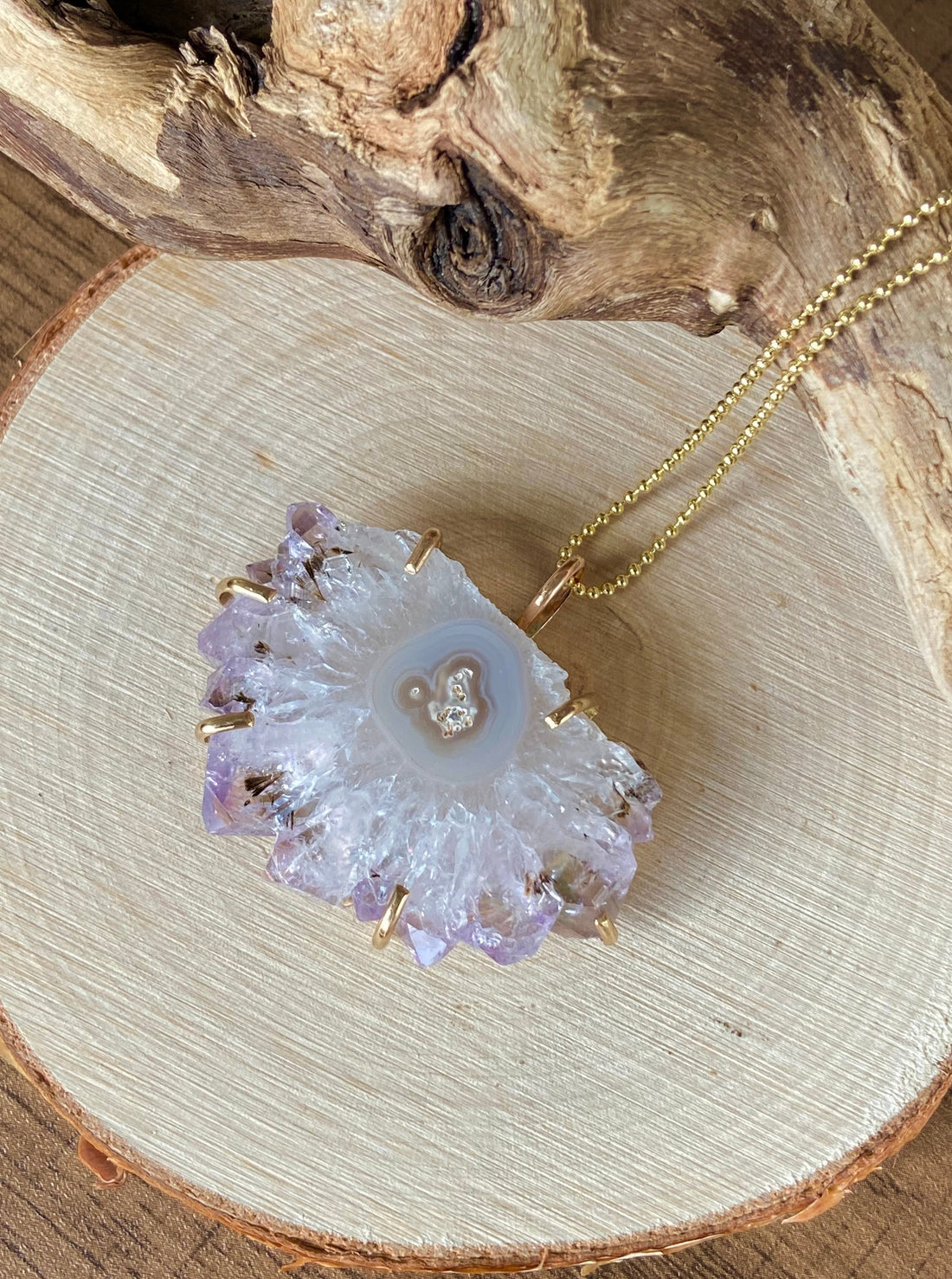 Uruguay Amethyst Stalactite Slice Pendant Necklace, Natural Amethyst Crystal Healing Protective Pendant, February Birthstone