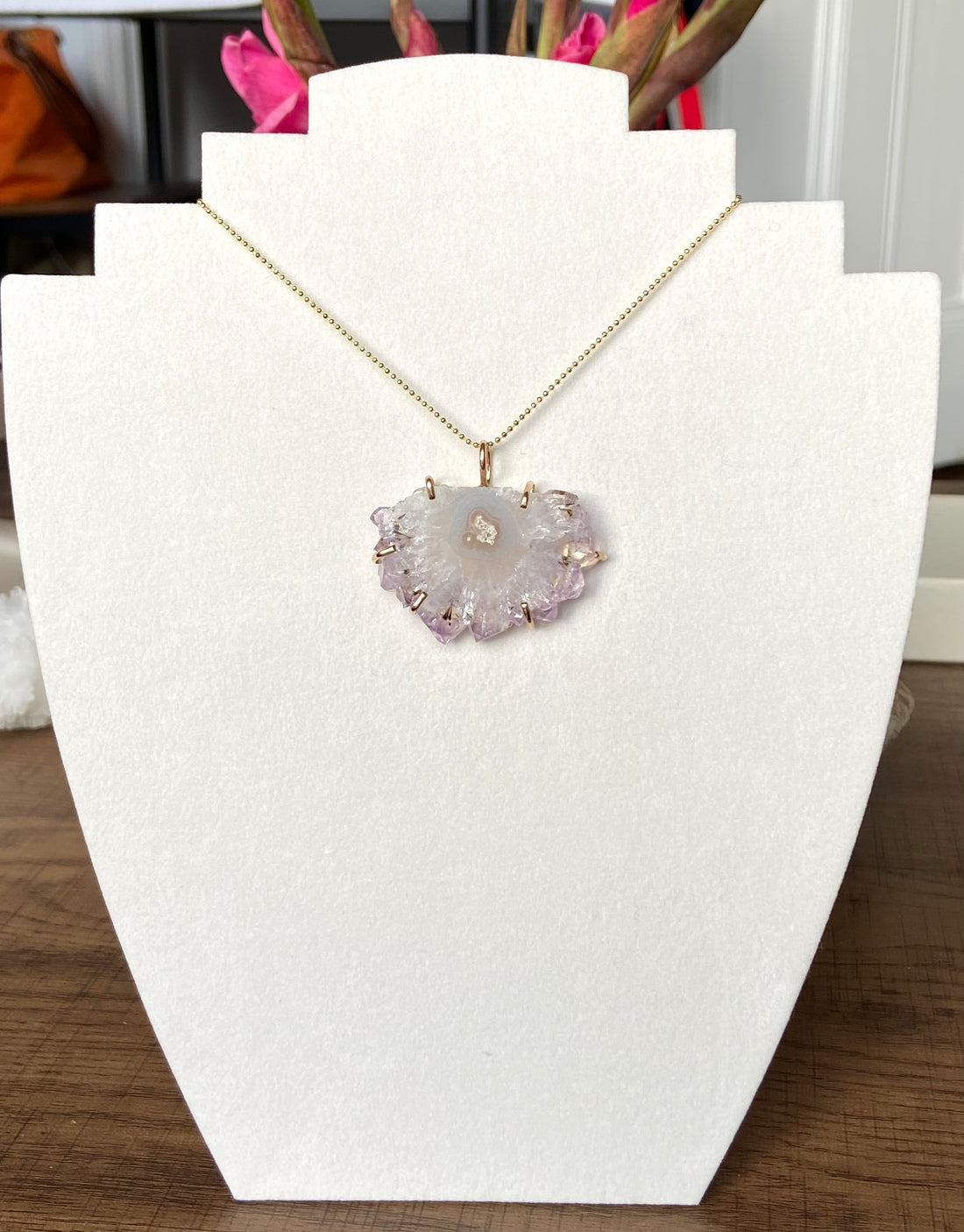 Uruguay Amethyst Stalactite Slice Pendant Necklace, Natural Amethyst Crystal Healing Protective Pendant, February Birthstone