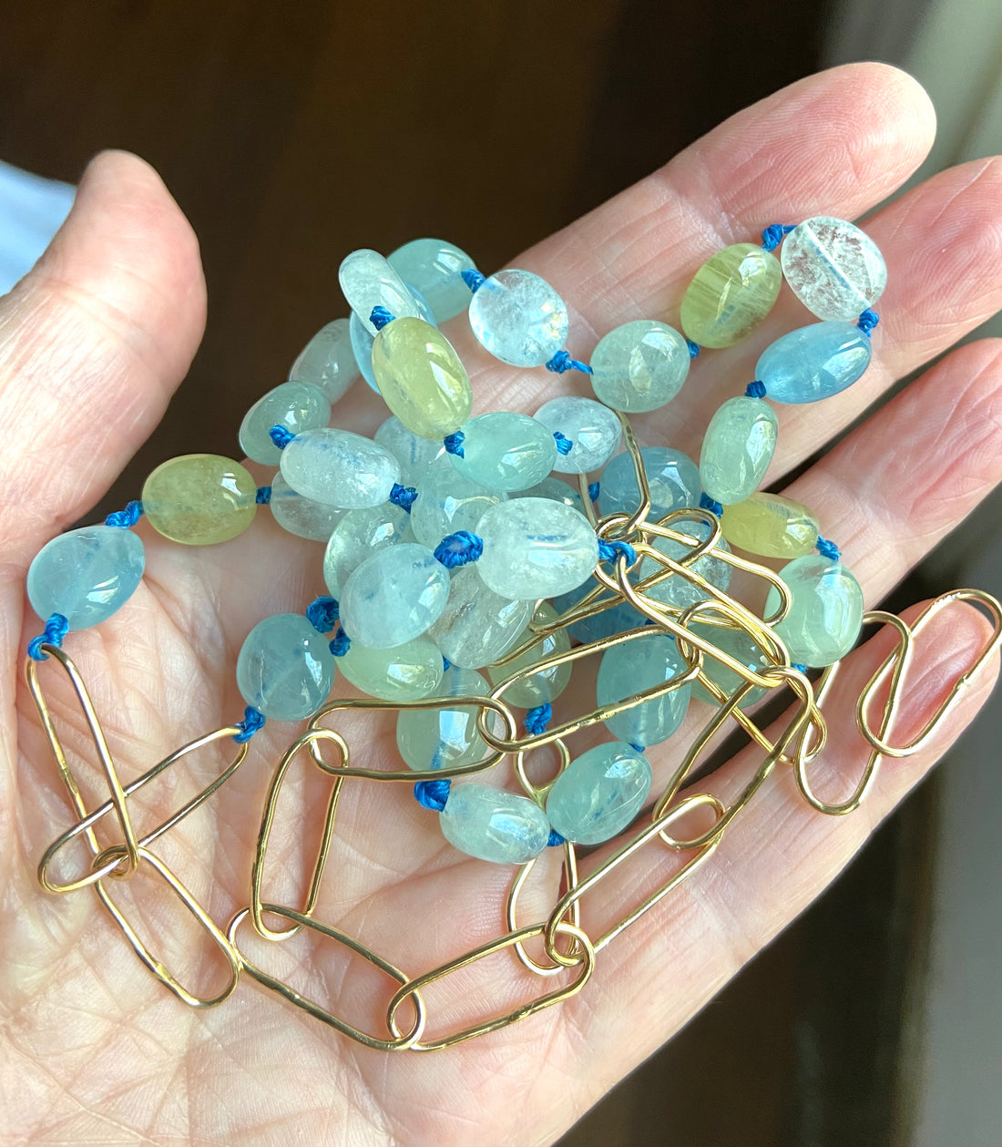 Extra Long Aquamarine and Paperclip Chain Necklace