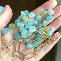 Extra Long Aquamarine and Paperclip Chain Necklace