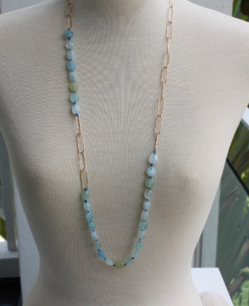 Extra Long Aquamarine and Paperclip Chain Necklace