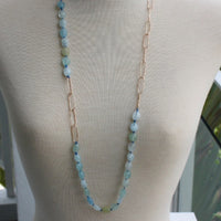Extra Long Aquamarine and Paperclip Chain Necklace