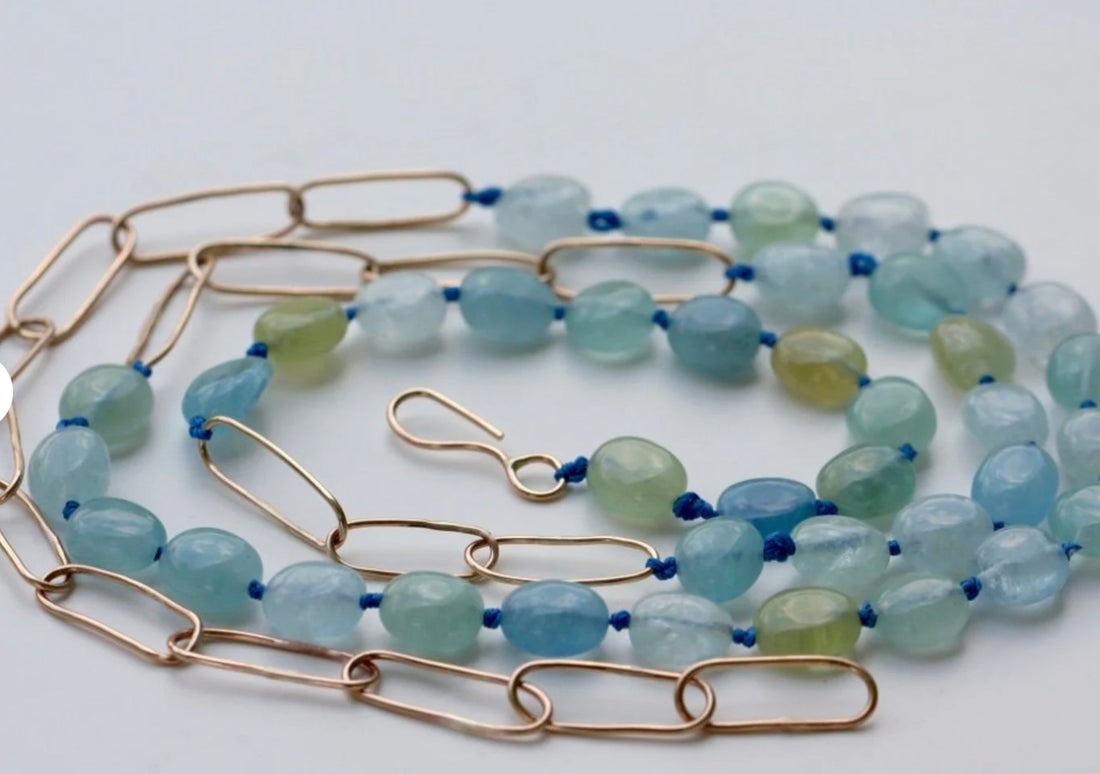 Extra Long Aquamarine and Paperclip Chain Necklace