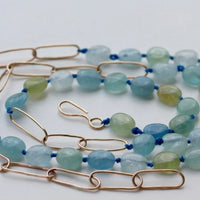 Extra Long Aquamarine and Paperclip Chain Necklace