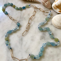 Extra Long Aquamarine and Paperclip Chain Necklace
