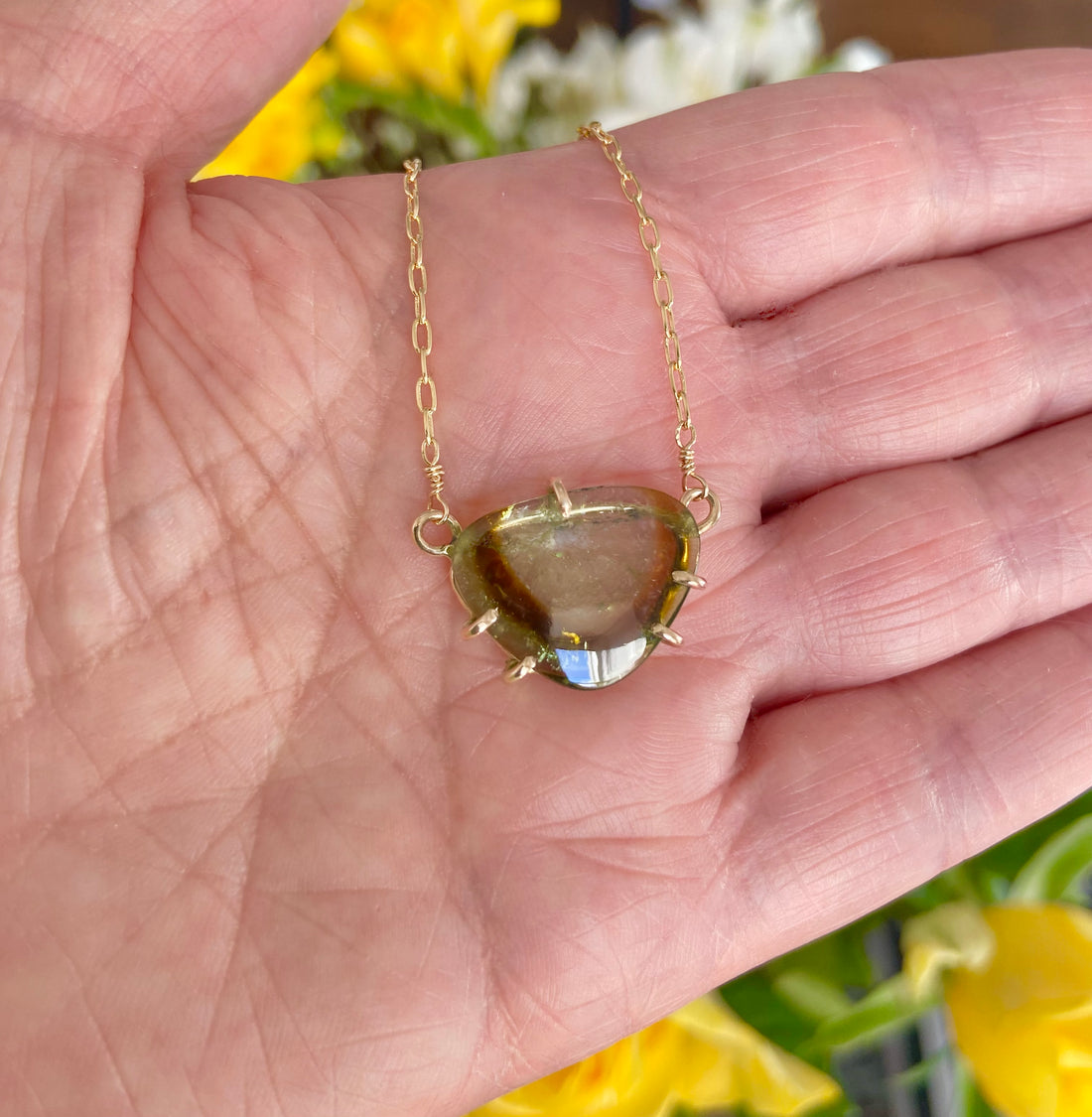 Bicolor Watermelon Tourmaline Slice Pendant Necklace, October Birthstone Necklace
