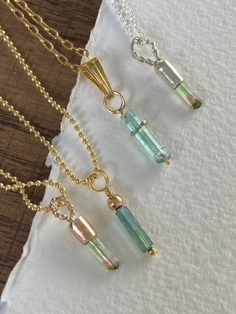Raw Watermelon Bicolor 'Lipstick' Tourmaline Pendant Necklace, October Birthstone Pendant Necklace, Sterling Silver