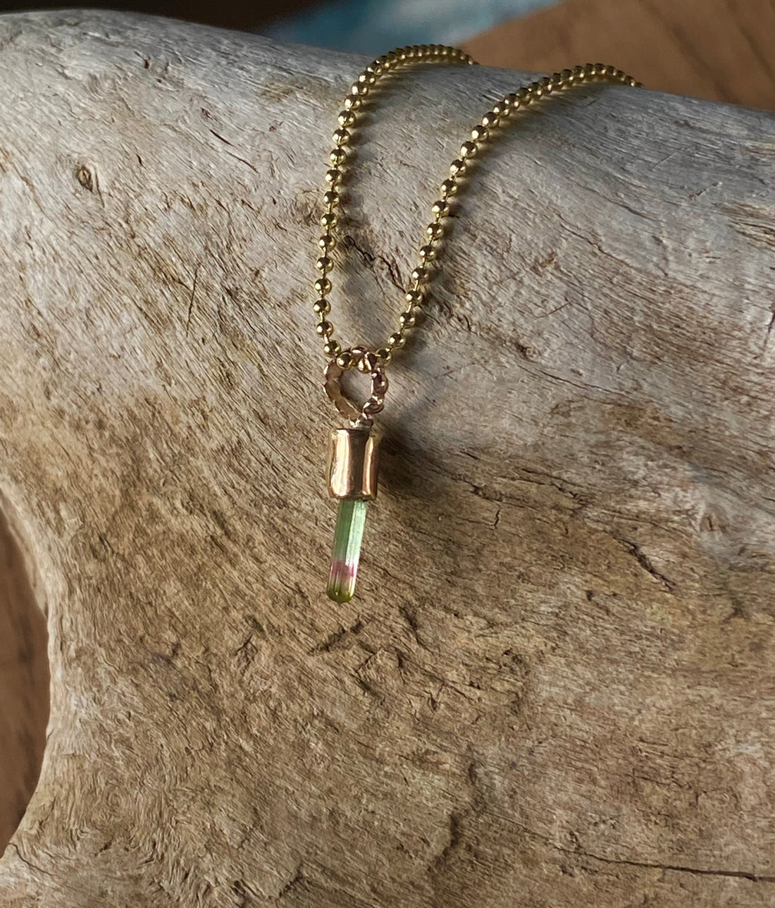 Raw Watermelon Bicolor 'Lipstick' Tourmaline Pendant Necklace, October Birthstone Pendant Necklace, 14k Gold