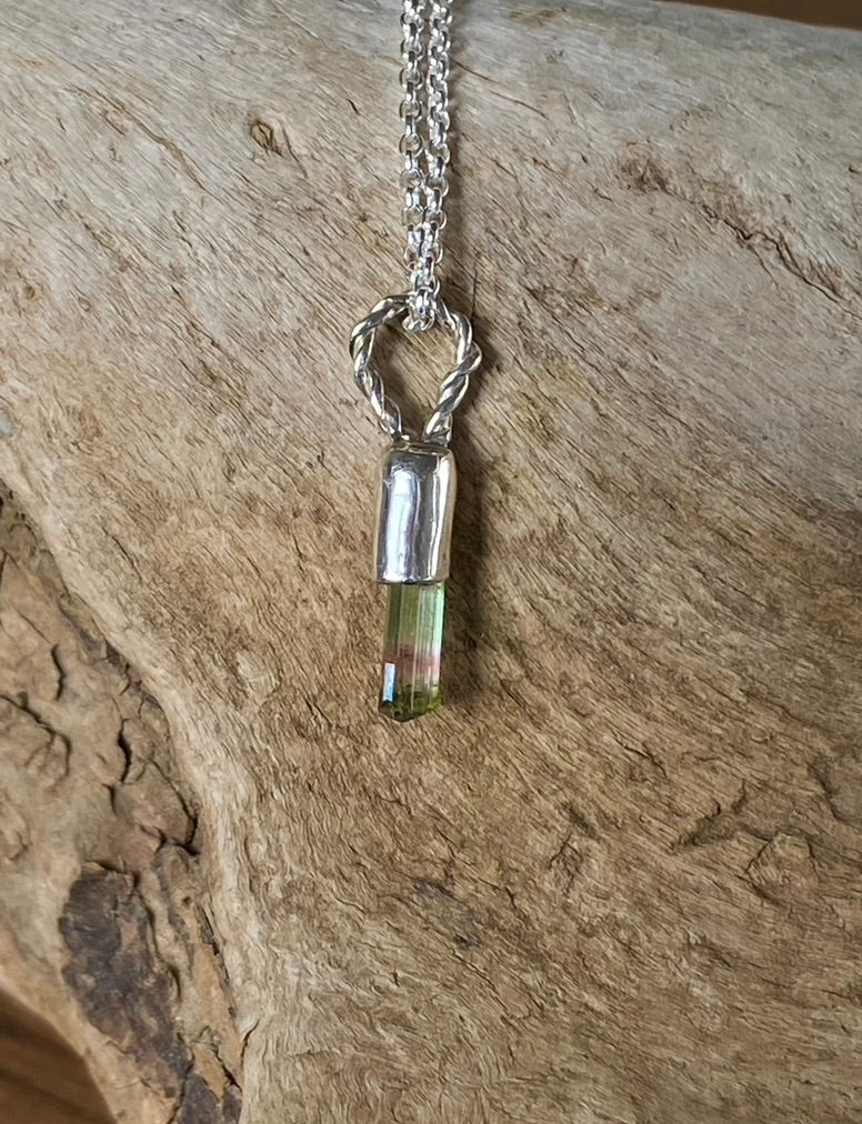 Raw Watermelon Bicolor 'Lipstick' Tourmaline Pendant Necklace, October Birthstone Pendant Necklace, Sterling Silver