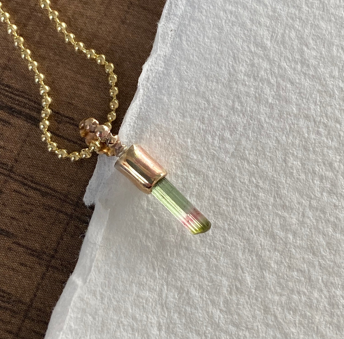 Raw Watermelon Bicolor 'Lipstick' Tourmaline Pendant Necklace, October Birthstone Pendant Necklace, 14k Gold