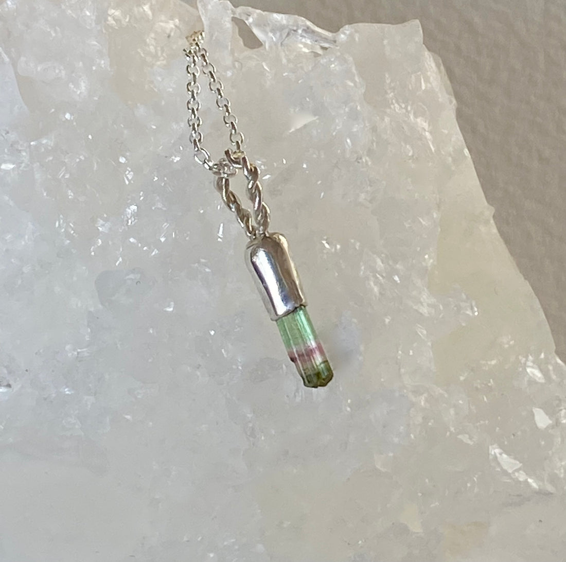 Raw Watermelon Bicolor 'Lipstick' Tourmaline Pendant Necklace, October Birthstone Pendant Necklace, Sterling Silver
