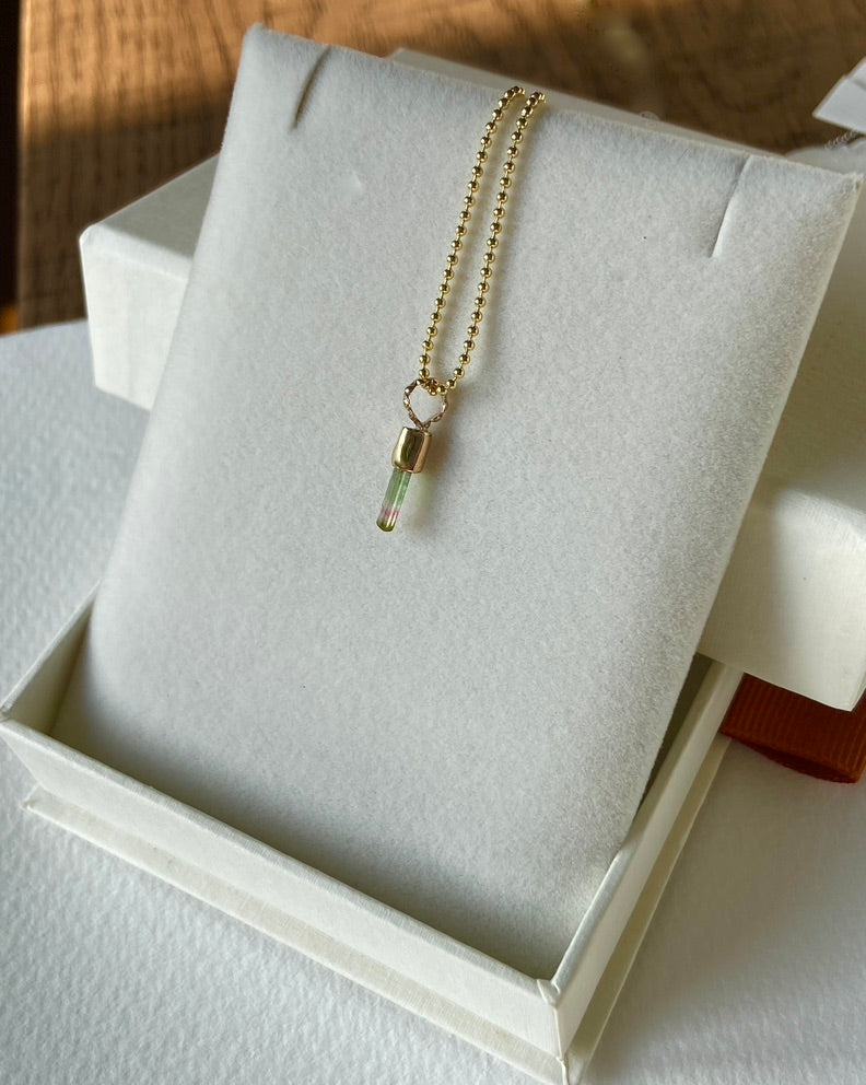 Raw Watermelon Bicolor 'Lipstick' Tourmaline Pendant Necklace, October Birthstone Pendant Necklace, 14k Gold