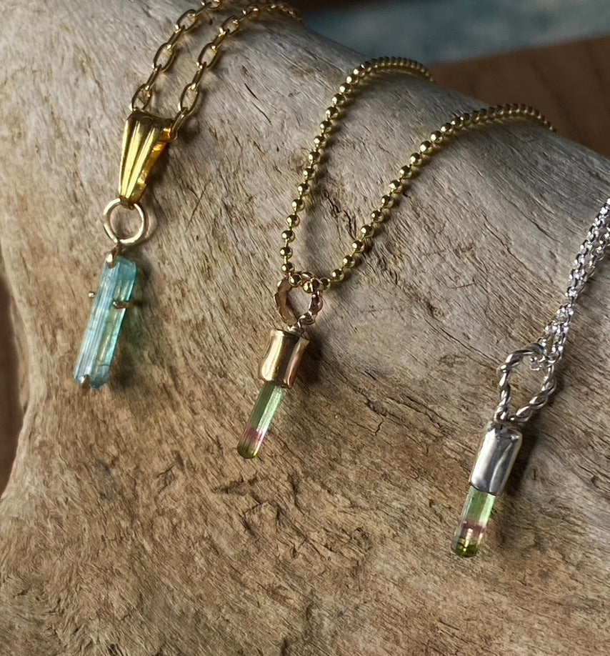Raw Watermelon Bicolor 'Lipstick' Tourmaline Pendant Necklace, October Birthstone Pendant Necklace, Sterling Silver