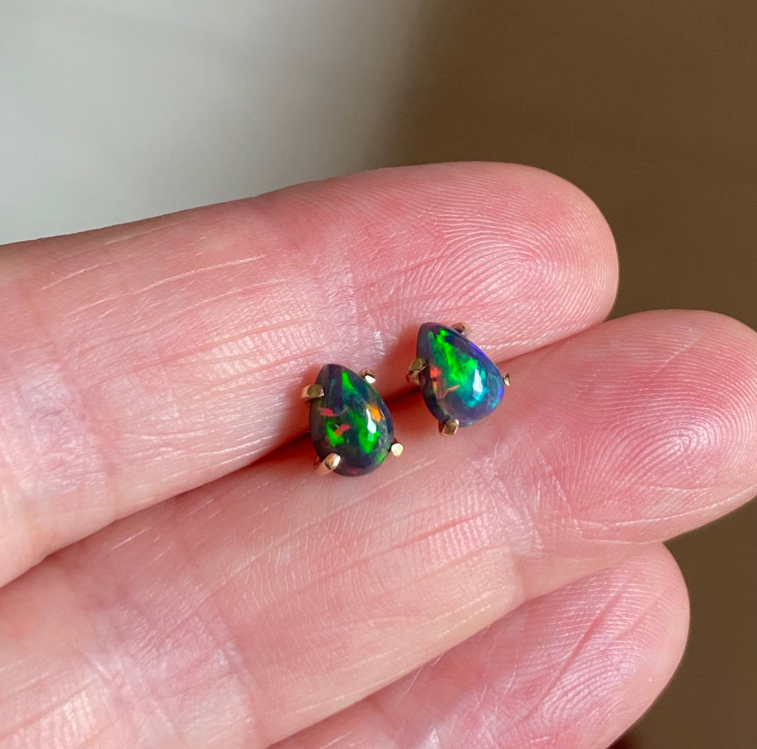 Ethiopian Black Opal Stud Earrings, October Birthstone Earrings