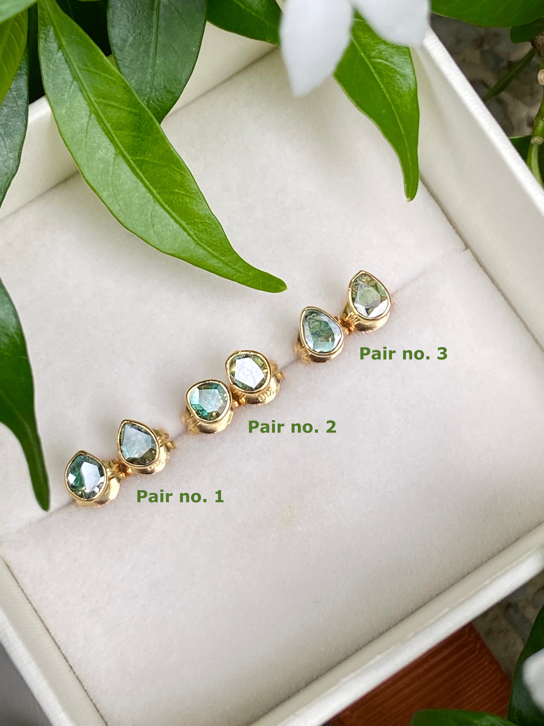 One-of-a-kind 18k Gold Blue Diamond Slice Stud Earrings, April Birthstone Earrings, Bridesmaid Earrings