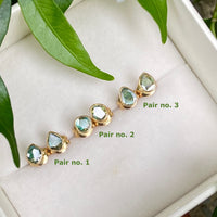 One-of-a-kind 18k Gold Blue Diamond Slice Stud Earrings, April Birthstone Earrings, Bridesmaid Earrings
