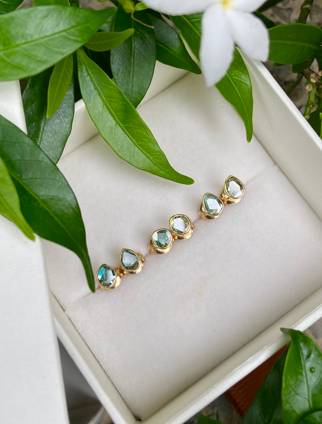 One-of-a-kind 18k Gold Blue Diamond Slice Stud Earrings, April Birthstone Earrings, Bridesmaid Earrings