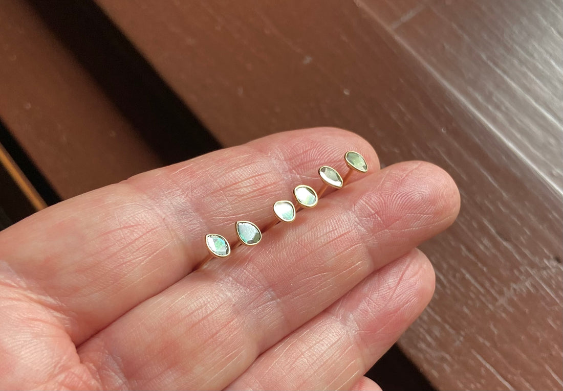 One-of-a-kind 18k Gold Blue Diamond Slice Stud Earrings, April Birthstone Earrings, Bridesmaid Earrings