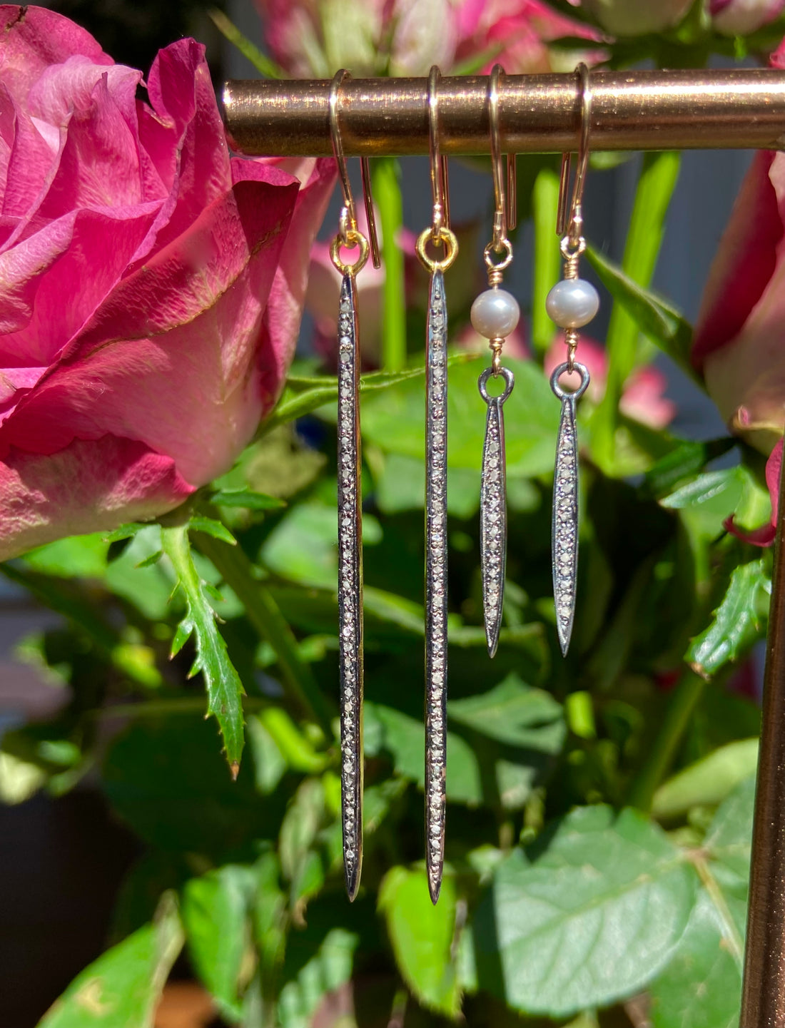 Pavé Diamond Spike and Freshwater Pearl Earrings, Bridal Earrings, April Birthstone Earrings